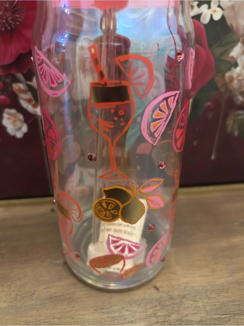 Pink Citrus Glass Tumbler with Straw